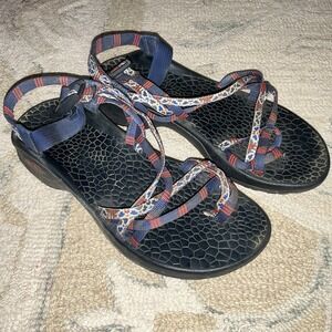 Chaco Women's Strappy Sandals Blue Navy Red White Patterned Tribal Size 9
